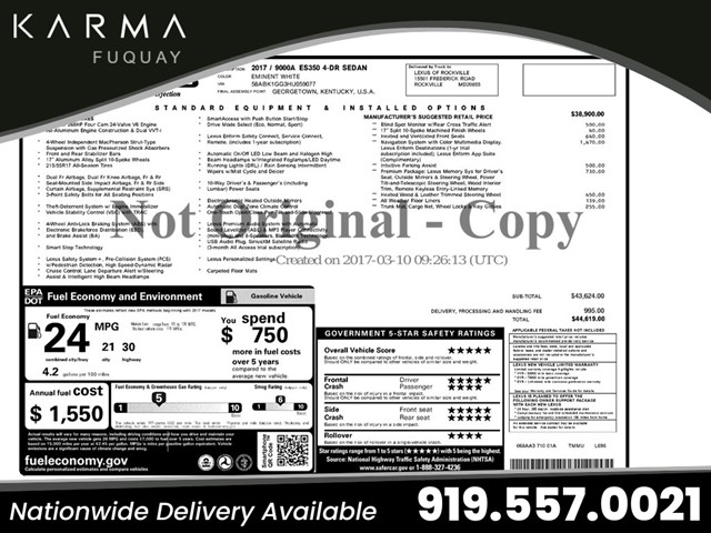 White 2017 Lexus ES 350 FWD Sedan Front-Wheel Drive Automatic