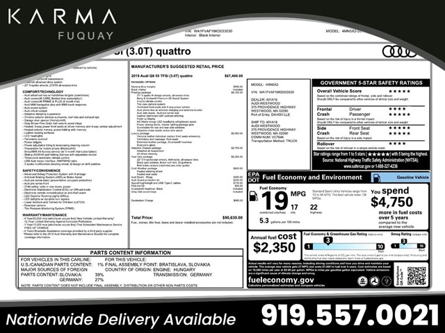 Blue 2019 Audi Q8 quattro Prestige 55 TFSI SUV / Crossover All-Wheel Drive Automatic